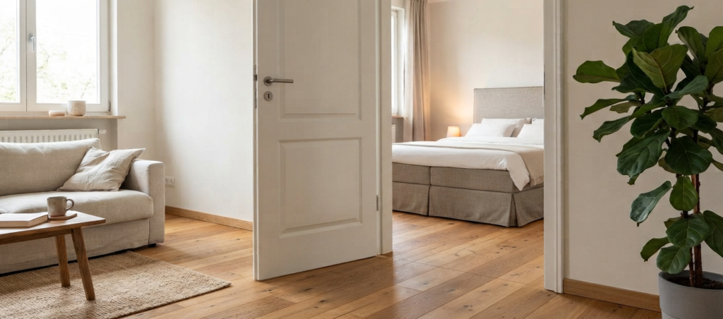 Ein heller Parkettboden in Landhausdielenoptik ist in einem Wohnzimmer mit angrenzendem Schlafzimmer verlegt.