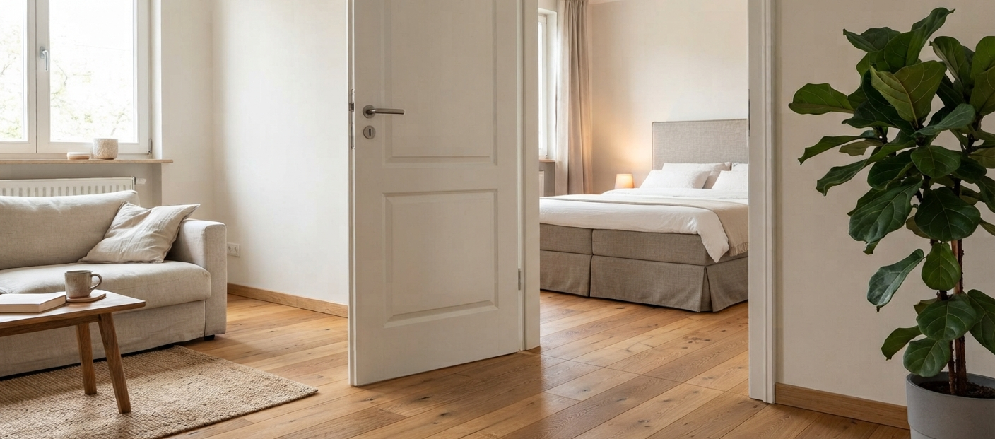 Ein heller Parkettboden in Landhausdielenoptik ist in einem Wohnzimmer mit angrenzendem Schlafzimmer verlegt.