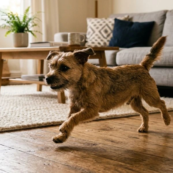 Hund läuft auf einem Boden im Wohnzimmer