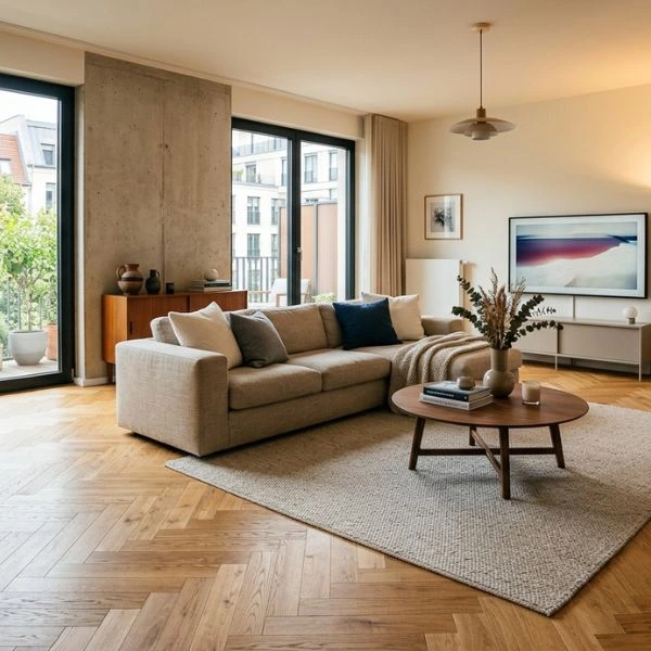 Fischgrät Parkettboden in einem modernen Wohnzimmer