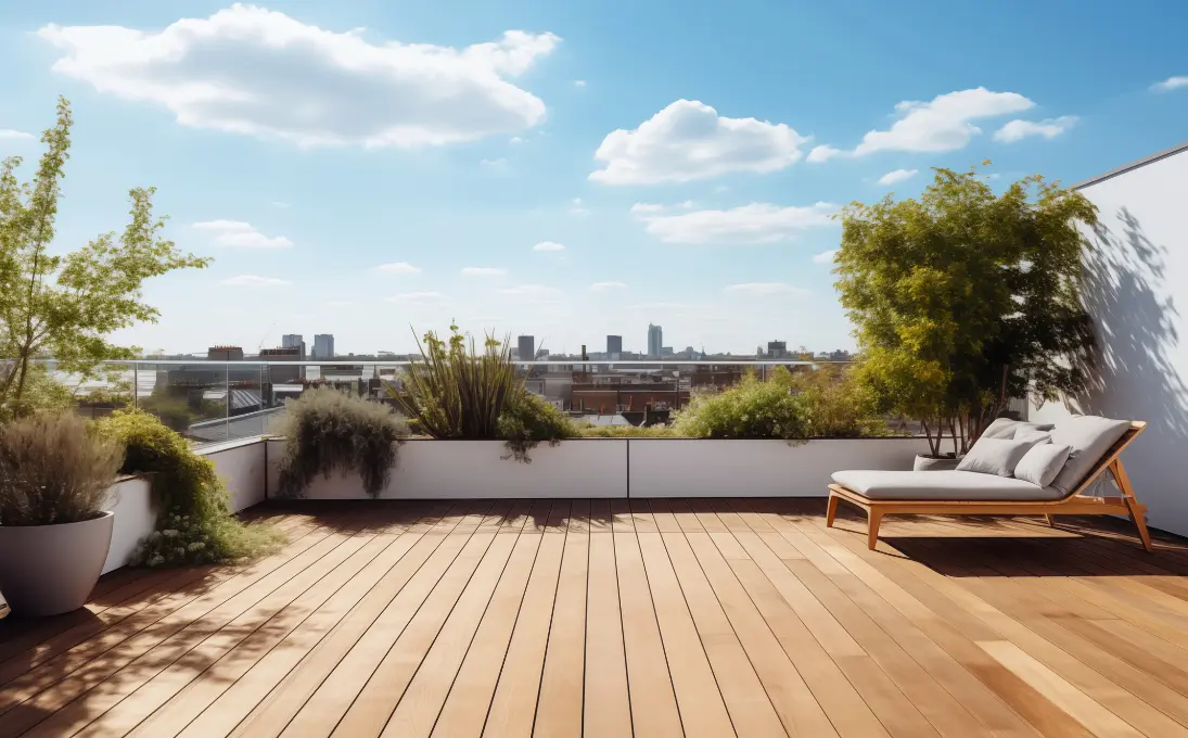 Moderne Dachterrasse mit hellen Holzdielen, Pflanzen und einer Liege.
