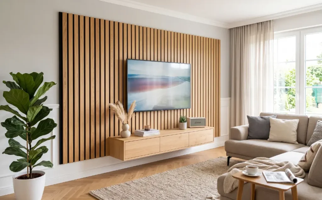 Helles Wohnzimmer mit einer Wohnwand die verkleidet ist mit hellen Akustikpaneelen aus Eichenholz und einem Sofa gegenüber.