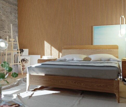 Akustikpaneele an der Schlafzimmerwand hinter dem Bett aus hellem Holz