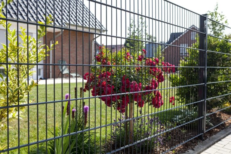 Doppelstabmattenzaun in Anthrazit vor einem gepflegten Garten mit Blumen und Wohnhaus.