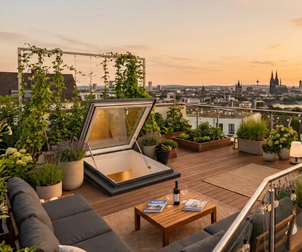 Moderne Dachterrasse mit einer offenen Dachluke zum ein- und aussteigen.