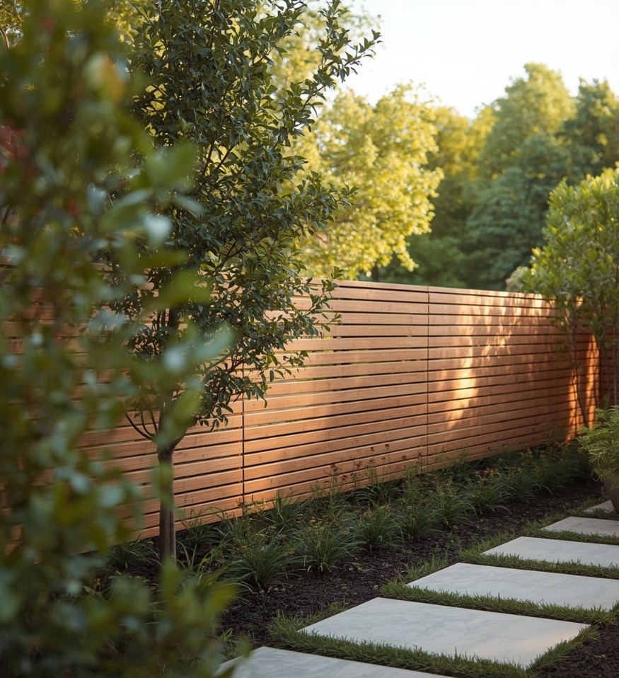 Moderner Rhombuszaun aus Holz mit horizontalen Leisten, der sich harmonisch in einen grünen Garten einfügt.