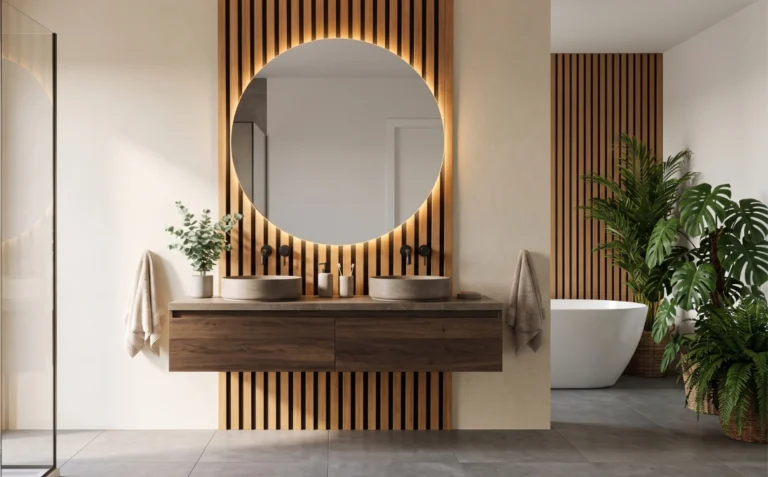 Ein modernes Badezimmer im Spa-Stil. Hinter dem Waschtisch mit beleuchtetem Rundspiegel dienen vertikale Holz-Akustikpaneele als eleganter Akzent. Rechts daneben sorgen grüne Zimmerpflanzen, ein Wäschekorb und ein Holzhocker für eine natürliche Atmosphäre