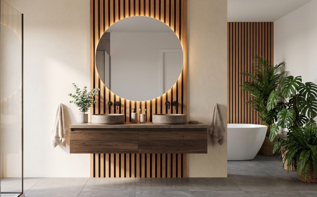 Ein modernes Badezimmer im Spa-Stil. Hinter dem Waschtisch mit beleuchtetem Rundspiegel dienen vertikale Holz-Akustikpaneele als eleganter Akzent. Rechts daneben sorgen grüne Zimmerpflanzen, ein Wäschekorb und ein Holzhocker für eine natürliche Atmosphäre