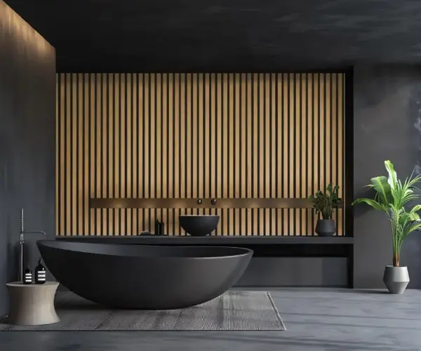 Modernes Badezimmer mit einer Schwarzen badewanne und Akustikpaneelen als Wandverkleidung