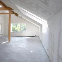 Zimmer im Bau mit hellem Hart-Vinylboden, Holzbalken und großen Fenstern.